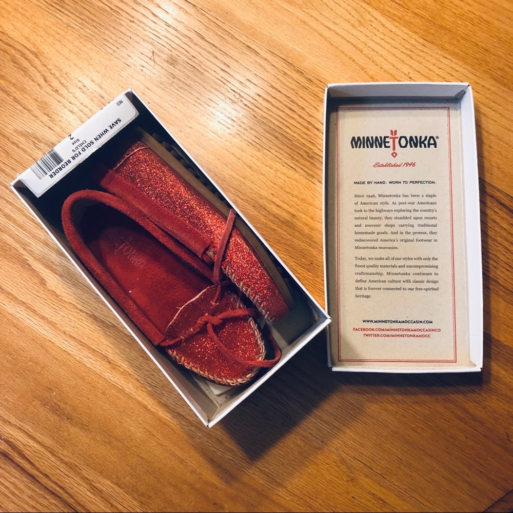 2/$25 Red Sparkly Minnetonka moccasins, Size 2